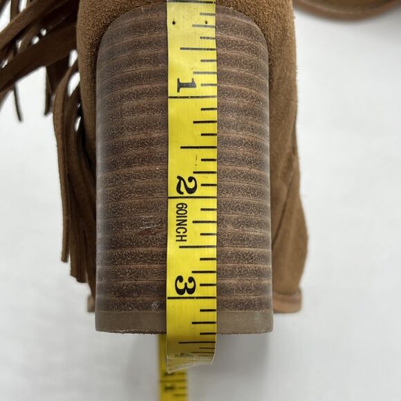 Arturo Chiang Suede Leather Fringe Chunky Heel Booties Boots Tan Camel Boho  7M - Picture 9 of 12
